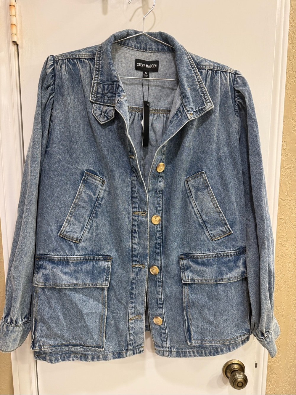 Steve Madden Washed Blue Denim Jacket with Patch Pockets